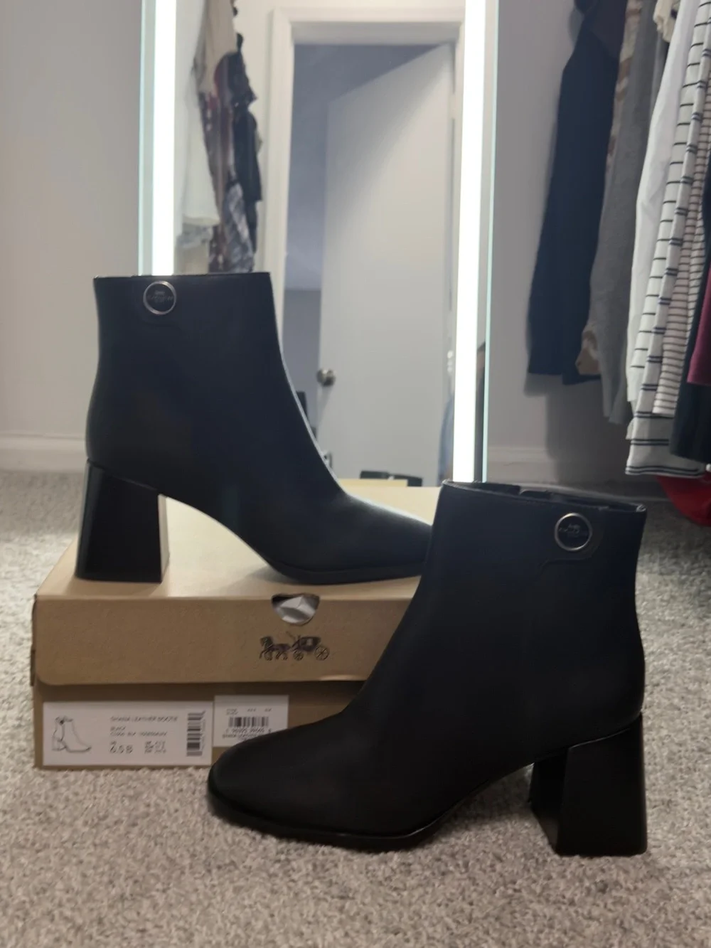 Coach Black Leather Block Heel Ankle Booties